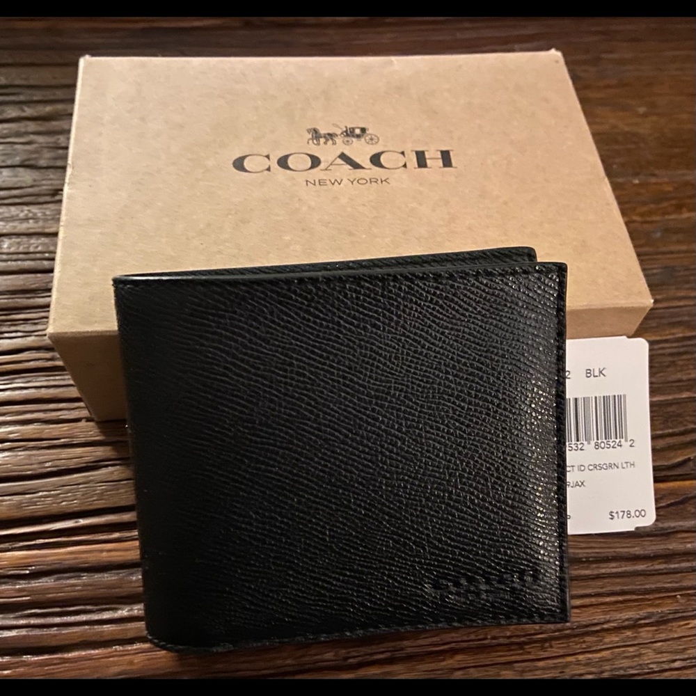 NWT Black Mens Coach Compact Leather Wallet